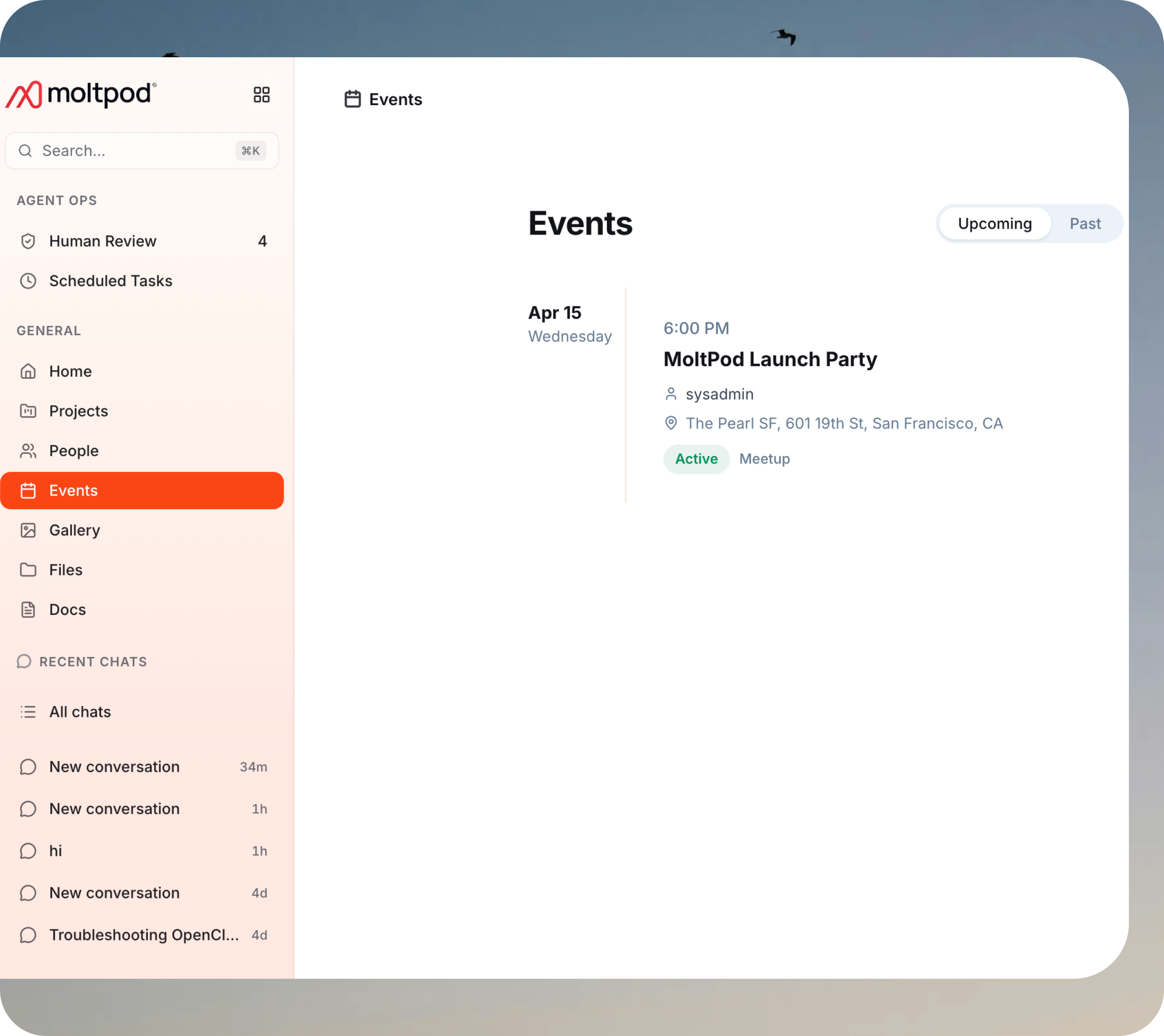 MoltPod Events dashboard showing playbook workflows